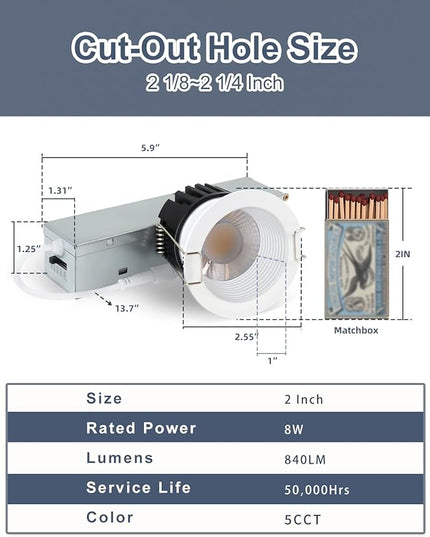 2 Inch 5CCT Anti-Glare LED Recessed Lights with Jbox, 2700K/3000K/3500K/4000K/5000K Selectable, 8W 840LM CRI90+, Dimmable Canless Downlight, Waterproof Light Fixtures, ETL & FCC（White, 6 Pack）