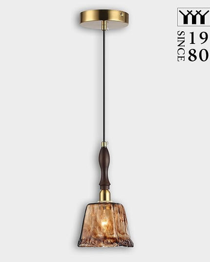 Modern Amber Glass Pendant Light, 4.33"x9.8" Hanging Fixture with Golden Wood Handle & Brass Cap, 15"-72" Adjustable Line, E26 Socket – Golden Amber Square