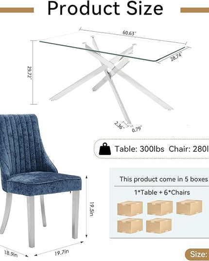 Rectangle Glass Dining Table Set for 6, 60'' Kitchen Table and Chairs Set, 7PCS Modern Dining Room Table Set with 6 Dining Chair for Home