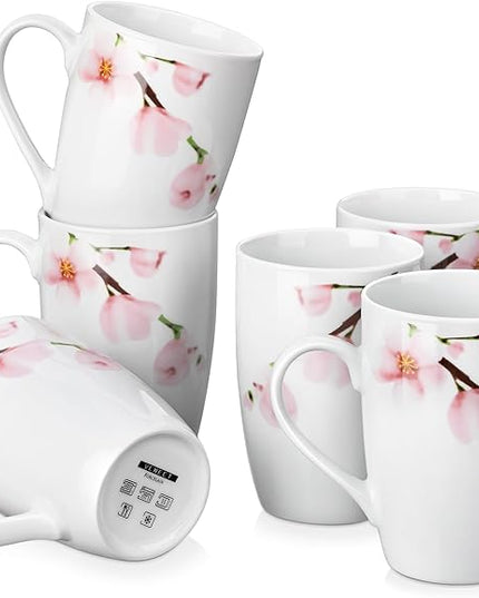 VEWEET Large Coffee Mugs Set of 6, 16 OZ Coffee Cups Set with Handle, Floral Mug Sets Ceramic Cup Set for Kitchen, Microwave& Dishwasher Safe, Series ANNIE