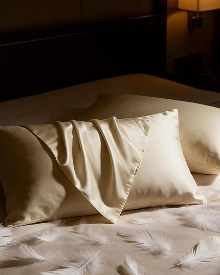 BHZ Beige Satin Goose Down Feather Pillows Queen Size Set of 2 with Pillowcase for Hair and Skin, Cooling Pillow Cases Similar to Silk Pillow Cases, Decorative for Women, Mom Men