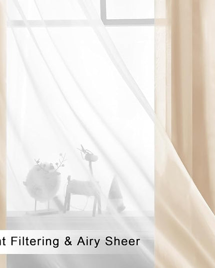 Hiasan Mix & Match Blackout Curtains with Sheer Overlay, Thermal Insulated Privacy Double Layer Room Darkening Window Curtains for Bedroom, Living Room, 2 Panels with Tiebacks, Beige, 60W X 84L