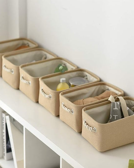 TheWarmHome Storage Basket for Organizing - Small 6 Pack 11.8x7.8x5.2 inch Fabric Storage Cubes with Cotton Rope Handle, Collapsible Storage Bins Baby Storage Toy Nursery (Beige)