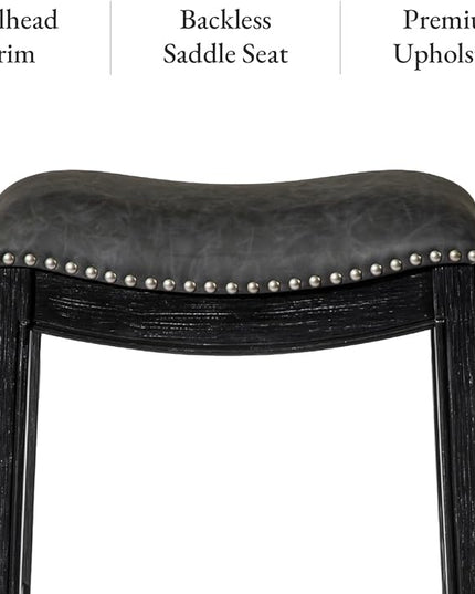 Maven Lane Adrien Backless Bar Stool – Set of 4 – 31 Inch Saddle Seat with Footrest – Black Solid Wood Frame & Grey Faux Leather Upholstery – Ideal for Bars, Pub Tables & Tall Kitchen Counters