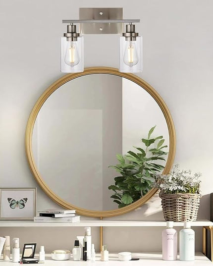 MELUCEE Metal Wall Lights with Clear Glass Shade 2 Heads Bathroom Light Fixtures Brushed Nickel Modern Vanity Lights Sconces for Hallway Bedroom Kitchen (Patent No.: US D963914 S)