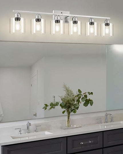 Modern Brushed Nickel 6 Light Bathroom Light Fixtures,38 inch Vanity Lights for Bathroom with Clear Glass, Vanity Light for Mirror Kitchen Living Room Hallway Cabinet Porch