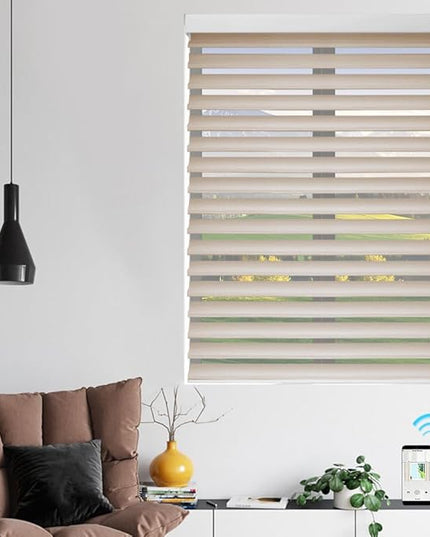 zshine Automatic Shangri La Light Filtering Roller Shades Free Dimming Rechargeable Matter Motor Compatible with Homekit Siri for Living Room 83035C
