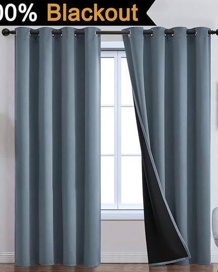 Yakamok Full Blackout Curtains 96 Inches Long,Blackout Curtain Panels for Bedroom, 2 Thick Layers Grommet Top Thermal Insulated Drapes with Black Liner for Living Room(Stone Blue, Set of 2)