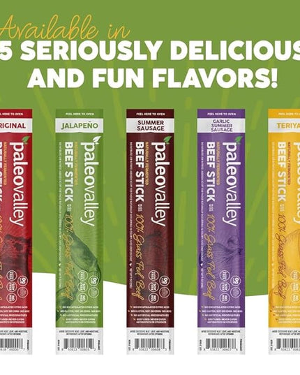 Paleovalley 100% Grass Fed Jalapeno Beef Sticks - Delicious Gluten Free Beef Snack - High Protein Keto Friendly