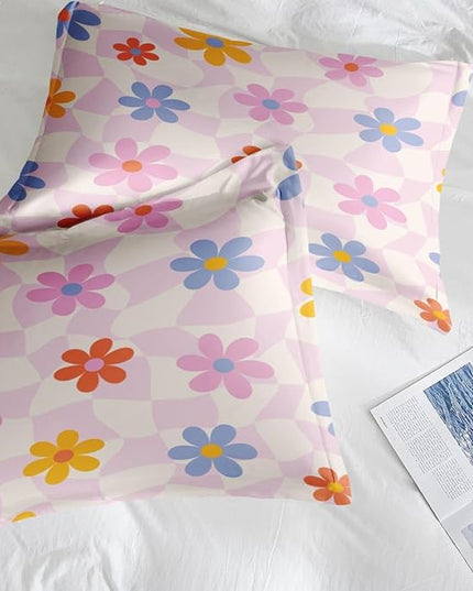 Comforter Set King Size, Retro Daisy Pink 7 Pcs Bedding for Kids and Adults, Hippie Aesthetic Kids Bed Sheet Sets with Fitted Sheet 2 Pillowcases & 2 Shams for Bedroom Bed Decor