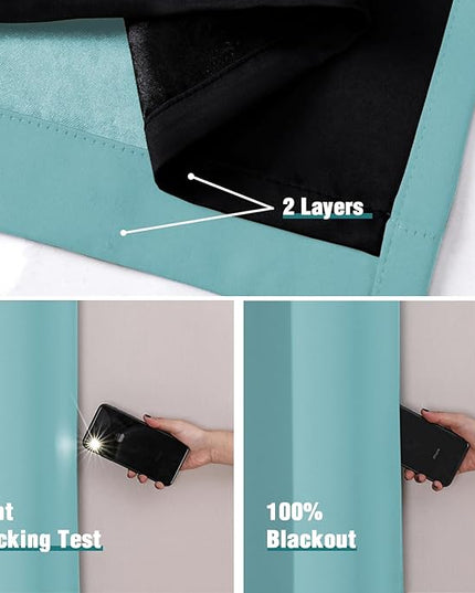 ChrisDowa 100% Blackout Curtains 72 inch Long for Bedroom with Black Liner, 2 Thick Layers Total Blackout Thermal Insulated Grommet Window Curtains 2 Panels Set (Aqua, 52 x 72 Inch)