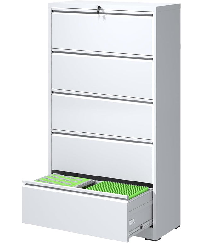 5 Drawer Metal Office Storage Filing Cabinet with Lock, White Lateral File Cabinet for Home Office, Horizontal Locking for Legal/Letter/A4, Assembly Required