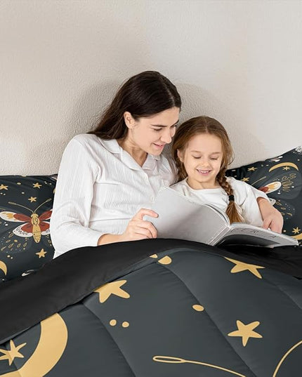 Sun Moon Kids Comforter Set Full Size,Starry Sky Galaxy Trippy Bohemia Bedding Set,Boys Girls Adults Room Decor,Death Moth Boho Exotic Down Comforter,Colorful Retro Duvet Insert,2 Pillowcases