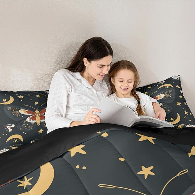 Sun Moon Kids Comforter Set Full Size,Starry Sky Galaxy Trippy Bohemia Bedding Set,Boys Girls Adults Room Decor,Death Moth Boho Exotic Down Comforter,Colorful Retro Duvet Insert,2 Pillowcases