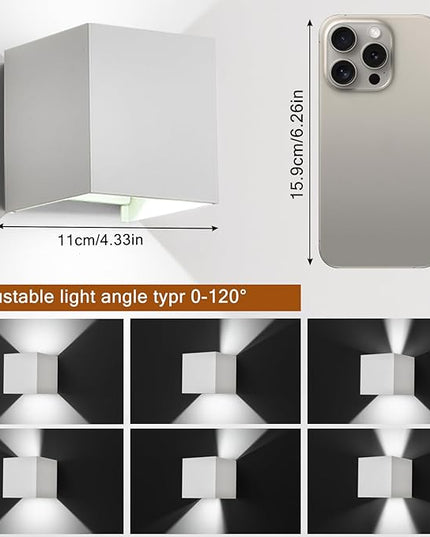 2 Pack LED Outdoor Wall Sconces Exterior/Interior,Modern Square Aluminum Wall Light Fixture ,Variable Beam IP65 Waterproof Lights.15W 3-Color-Changeable Up and Down Outdoor Lighting Fixtures（White）