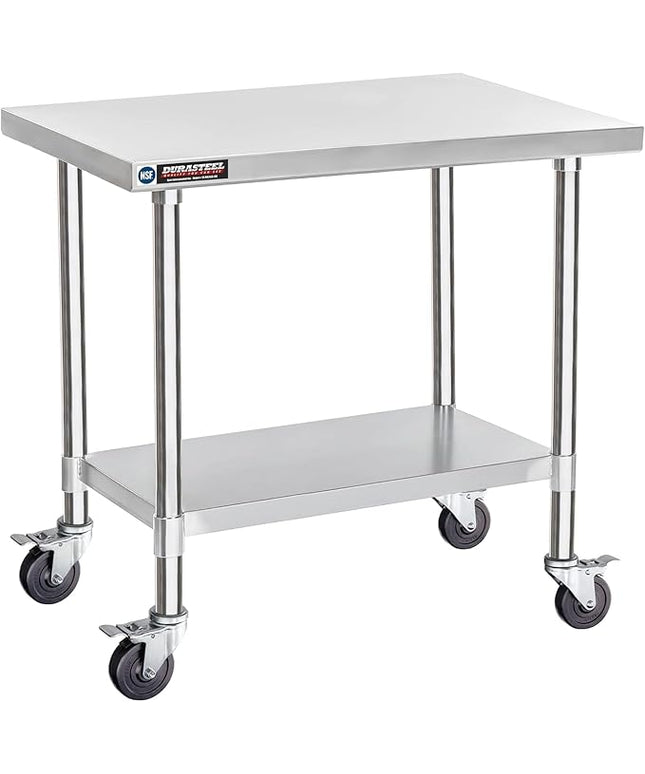 DuraSteel 24x36 NSF Stainless Steel Cart - Heavy Duty Rolling Food Prep Table with Undershelf - Metal Utility Cart for Commercial Restaurant Kitchen, Laundry, Outdoor Portable BBQ Grill