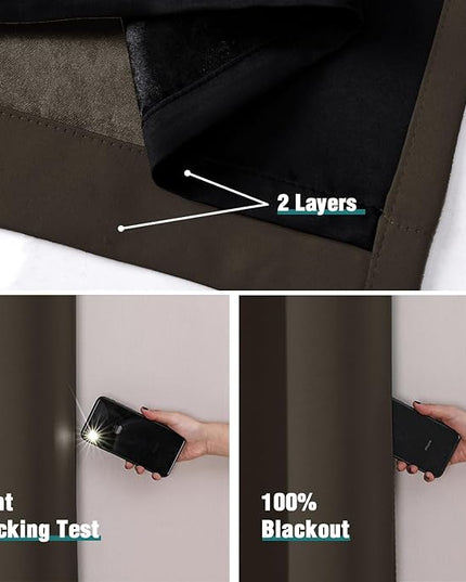 ChrisDowa 100% Blackout Curtains 72 inch Long for Bedroom with Black Liner, 2 Thick Layers Total Blackout Thermal Insulated Grommet Window Curtains 2 Panels Set (Brown, 42 x 72 Inch)