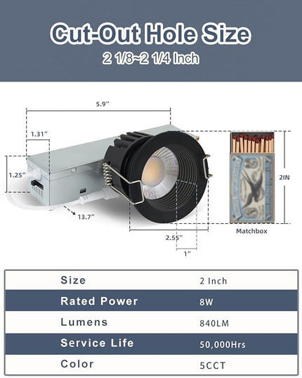 2 Inch 5CCT Anti-Glare LED Recessed Lights with Jbox, 2700K/3000K/3500K/4000K/5000K Selectable, 8W 840LM CRI90+, Dimmable Canless Downlight, Waterproof Light Fixtures, ETL & FCC（Black, 1 Pack）