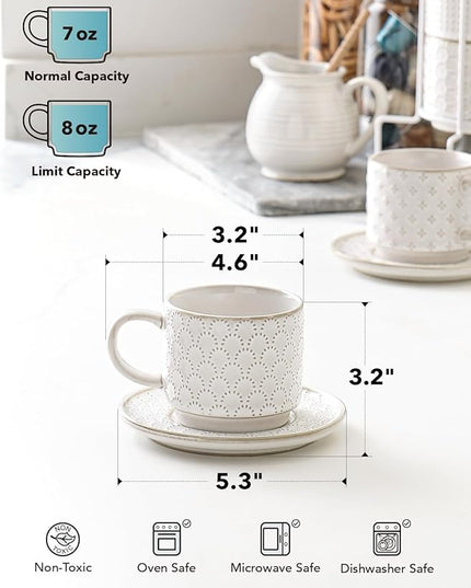 LE TAUCI Stackable Cappuccino Cups 8 oz with Saucers and Stand, Ceramic Large Latte Cup for Au Lait, Cafe, Mocha,Tea, Dishwasher Oven Safe - Set of 4, Arctic white