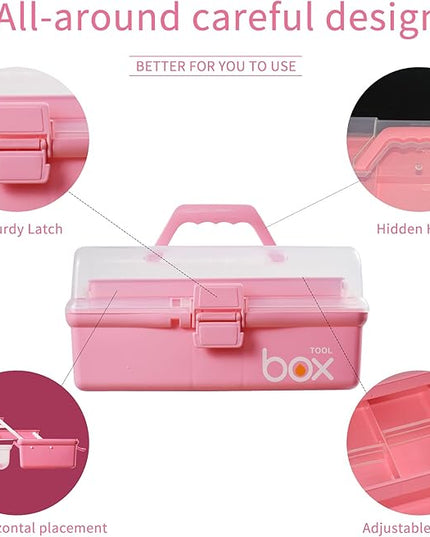 12in 3-Layer Plastic Craft Organizers and Storage, Portable Folding Tackle Box with Handle & Adjustable Dividers, Multipurpose Case for Sewing, Art Supplies, Medicine, Tools (Pink)