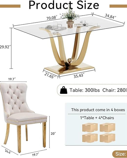 HomVent 70'' Glass Dining Table Set for 4, Modern Rectangle Kitchen Table Set for 4, Glass Kitchen Table and Chairs Set for 4 for Living Room,Kitchen