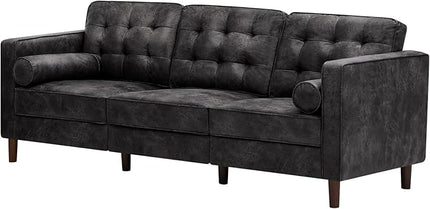84" Suede Leather 3 Seater Sofa with Two Bolster Pillows, Tufted Sofa with Wooden Legs, Mordern Couch for Living Room, Office, Apartment, Black
