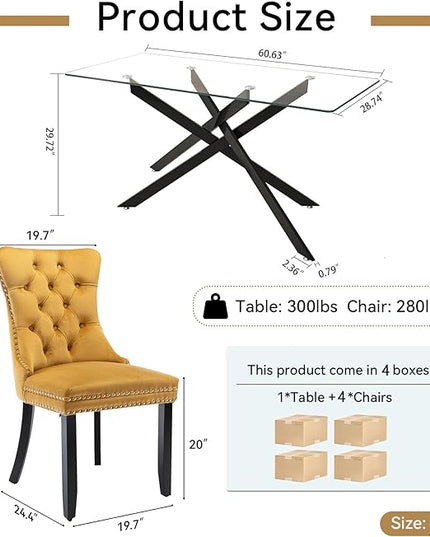 Modern 5-Piece Glass Dining Table Set for 4, Modern 60" Rectangle Black Glass Dining Room Table Set with Yellow Velvet Tufted Chairs Wood Legs for Kitchen Dining Room