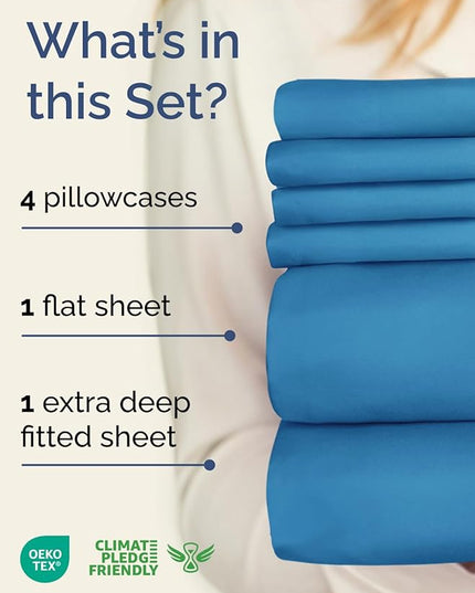 Extra Deep Cal King Sheet Set - 6 Piece Breathable and Cooling Sheets - Hotel Luxury Bed Sheets Set - Easy Fit - Soft, Wrinkle Free and Comfy Sheets Set - Denim Blue Sheet Set with Extra Deep Pockets