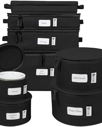 Hard Shell China Storage Containers 8-Piece Set Moving Boxes for Dinnerware, Glasses, Plates, Mugs and Saucers Sturdy Dish Organizer with Dividers for Seasonal Storage - Service for 12 - Black