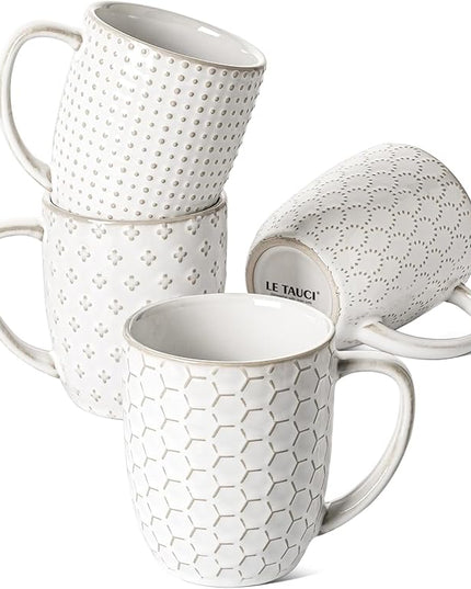 LE TAUCI Coffee Mugs 12 oz, Ceramic Mug Set Set of 4, Embossment Cups for Espresso, Latte, Tea, Cocoa, Cappuccino & Mocha, Dishwasher Oven Microwave Safe - 3.4 inch, Arctic White