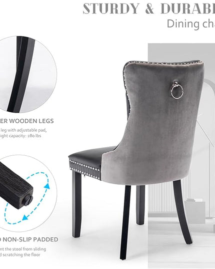 SoarFlash Leather Dining Chairs Set of 2, Tall Back Side Chair, Modern Upholstered Side Chair with Button Back Ring, Solid Wood Legs (Black&Grey)