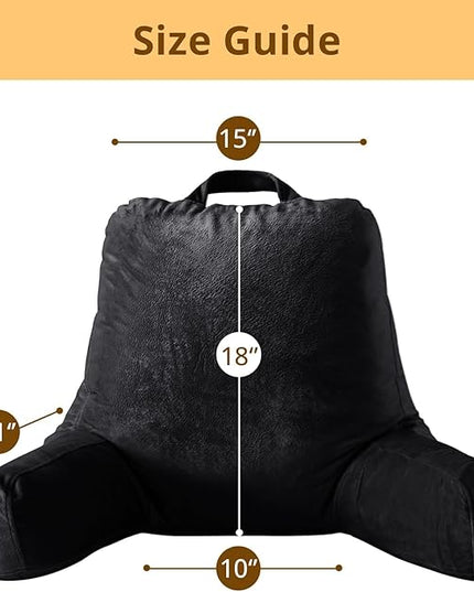 Sasttie Reading Pillow, Velvet Back Pillow for Bed Sitting Up, Adult Back-Rest Support Cushion with Arms for Sit Up on Couch, Sofa, and Floor, Dorm Essentials, Reading Accessories, Black