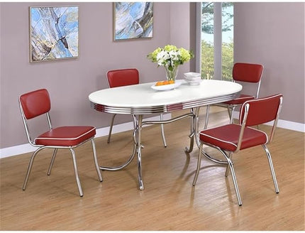 Pemberly Row 5-Piece Contemporary Metal Oval Dining Set in Chrome and Red