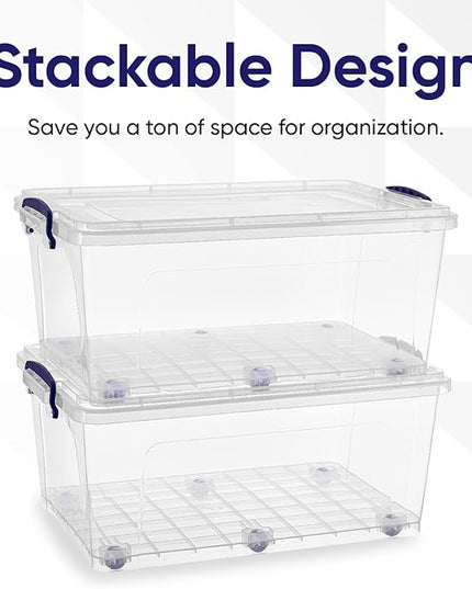Superio Storage Bins with Lids- Clear Boxes for Organizing, Stackable Plastic Containers- BPA Free, Non-Toxic, Odor Free, Organizer for Home, Office, Dorm (8 Pack, 32 Qt (Wheeled))