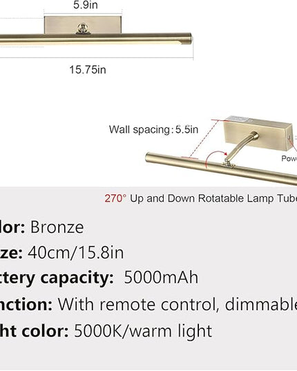 Picture Light for Wall Battery Operated, 16" Rechargeable Art Light with Remote and Timer for Painting, 3 Color Temps, Wireless Wall Light for Display, Artwork, Portrait, Gallery, Gold