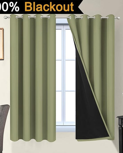Yakamok 100% Blackout Window Curtain Panels, Heat and Full Light Blocking Drapes with Black Liner for Nursery,Thermal Insulated Draperies (Sage, 2 Pieces, 52Wx63L)