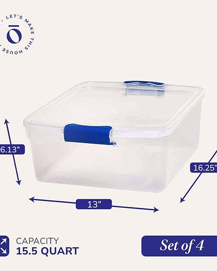 HOMZ 4-Pack Latching Lid, Small Clear Plastic Storage Bins w/ Lids, 15.5 Quart, Blue Latch - Stackable Container Boxes for Home, Bathroom, and Office Organization