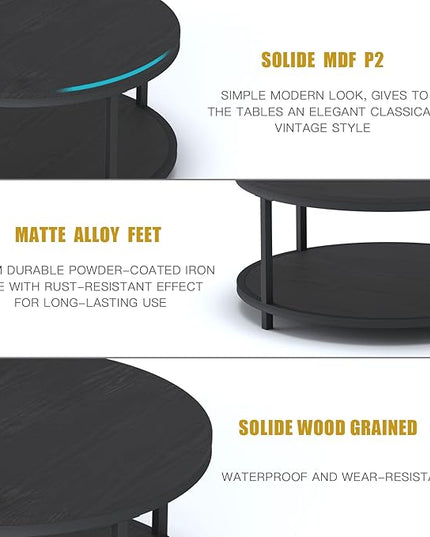 NSdirect Round Coffee Table, 36" Rustic Wooden Surface Top & Sturdy Metal Legs Industrial Sofa Table for Living Room Modern Design Home Furniture with Storage Open Shelf (Black Oak)
