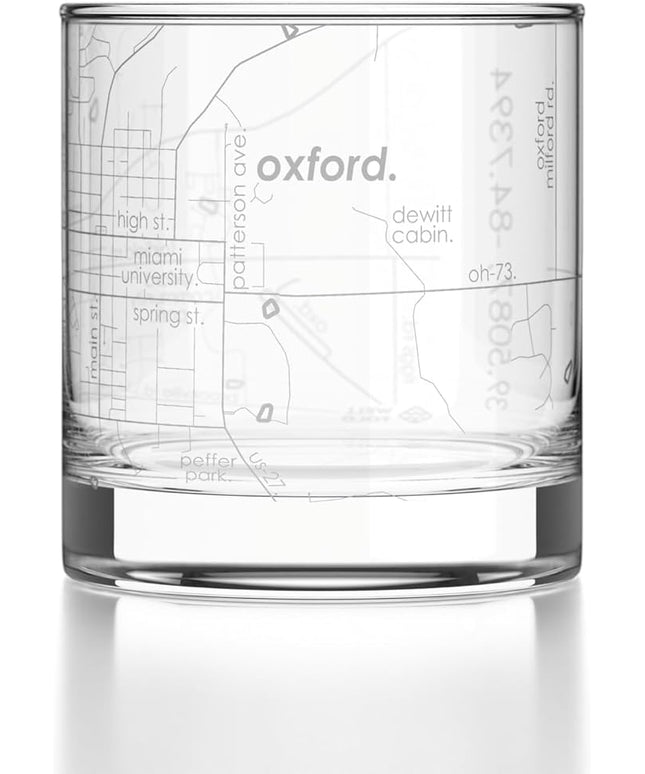 Well Told Engraved Oxford Ohio Map Rocks Glass, Old Fashioned Glassware (11 oz, Clear) Etched Bourbon Tumbler, Gifts For Whiskey Lovers