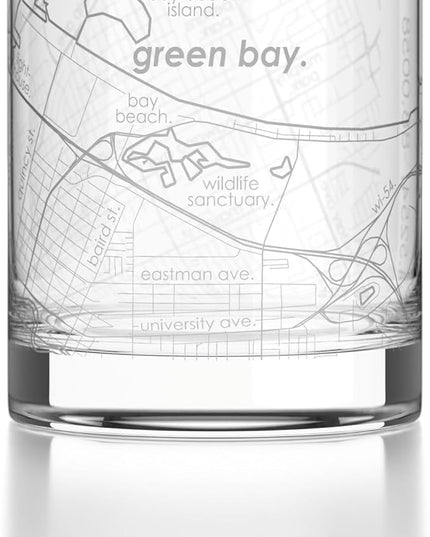 Well Told Engraved Green Bay Wisconsin Map Rocks Glass, Old Fashioned Glassware (11 oz, Clear) Etched Bourbon Tumbler, Gifts For Whiskey Lovers