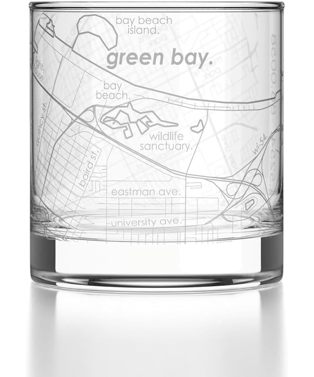 Well Told Engraved Green Bay Wisconsin Map Rocks Glass, Old Fashioned Glassware (11 oz, Clear) Etched Bourbon Tumbler, Gifts For Whiskey Lovers