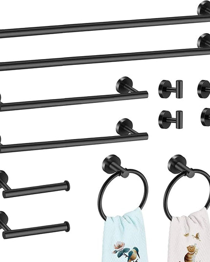 12 PCS Matte Black Round Towel Bar Set, Bathroom Towel Bar Set Include 24 inch,16 inch Towel Bar, Toilet Paper Holder, Towel Ring, Towel Hooks, Stainless Steel Bathroom Accessories Set