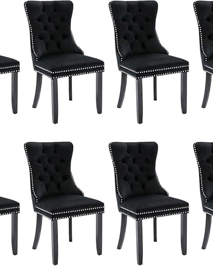 SoarFlash Velvet Dining Chair Set of 8, Upholstered Tufted Dining Room Chair with Nailhead Trim and Solid Wood Leg for Kitchen (Black)