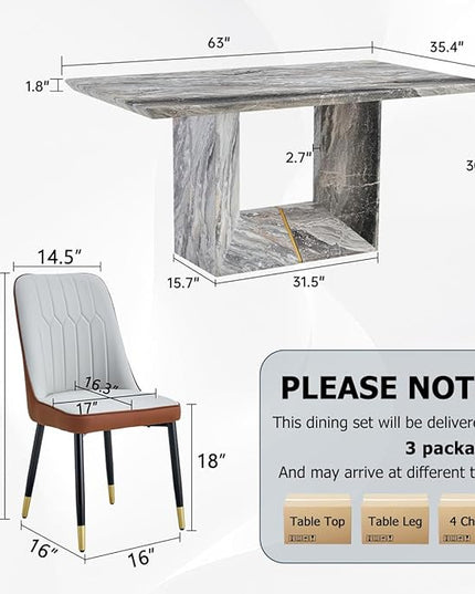 Dinner Table Set for 4, 5 Piece Dining Table Set with Chairs, 63" Faux Marble Modern Table with 4 PU Leather Upholstered Chairs, for Kitchen & Dining Room