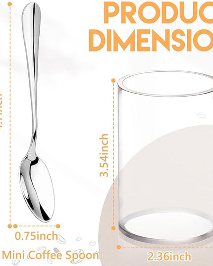 6 Pcs Mini Coffee Spoons with Holder 4.7 inch Demitasse Espresso Stainless Steel Spoons Silver with Acrylic Cylinder Holder for Coffee Bar Home Tea Party (6)