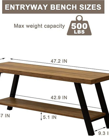 Entryway Bench, Farmhouse Indoor Entry Way Shoe Benches Seat, Industrial Metal Shoe Storage Bench Organizer for Living Room, Bedroom, Hallway (Rustic Oak)