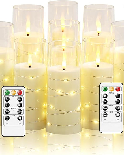 Flickering Flameless LED Candles,Battery Operated Candles 9 Pcs with Embedded Star String,Acrylic LED Pillar Candles with Remote,Suitable for Home Decoration to Create an Atmosphere (Ivory)