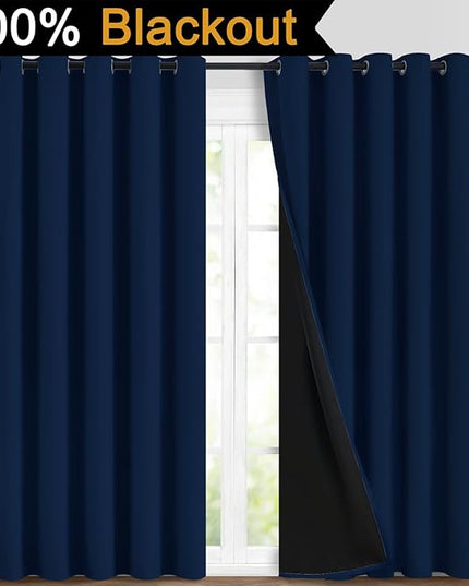 Yakamok Navy Blue 100% Blackout Curtains Energy Saving Thermal Insulated 2 Thick Layers Completely Blackout Drapes with Black Liner for Bedroom (70Wx84L, Navy Blue, 2 Panels)