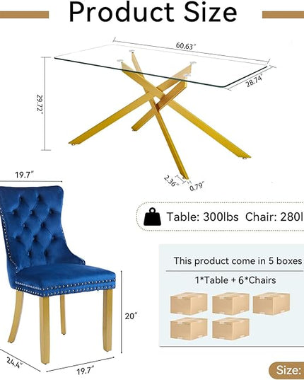 Modern 7-Piece Glass Dining Table Set for 6, Modern 60" Rectangle Gold Glass Dining Room Table Set with Blue Velvet Tufted Chairs Wood Legs for Kitchen Dining Room