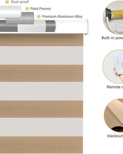 Motorized Zebra Blinds Rechargeable with Remote Blackout Cordless Zebra Shade Smart Electric Curtains for Windows and Privacy Light Filtering Roller Shades, 34" W x 72" H Brown